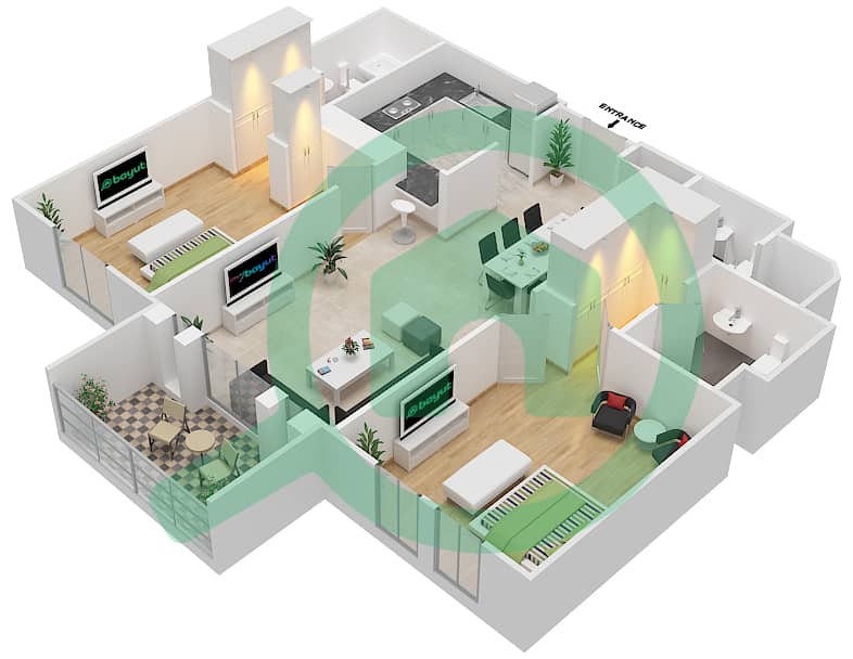 المخططات الطابقية لتصميم الوحدة 1 /  FLOOR 1-5 شقة 2 غرفة نوم - يانسون 2 interactive3D