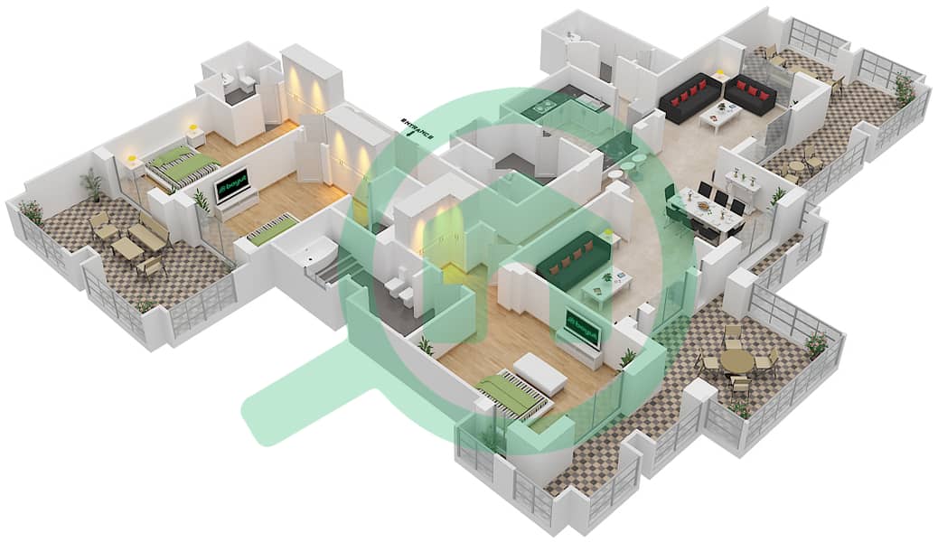 Янсун 2 - Апартамент 3 Cпальни планировка Единица измерения 1 / FLOOR 6 interactive3D