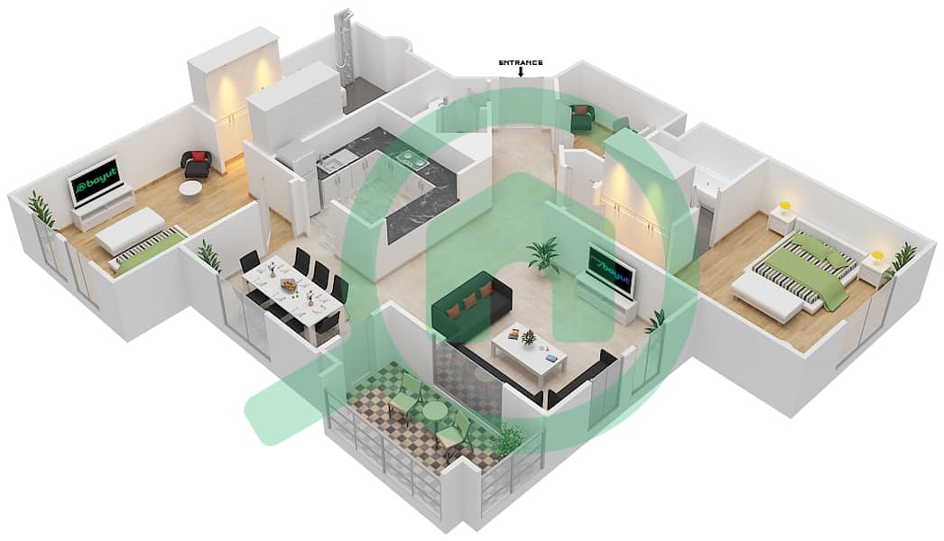 燕舒2号楼 - 2 卧室公寓单位2 / FLOOR 1-5戶型图 interactive3D