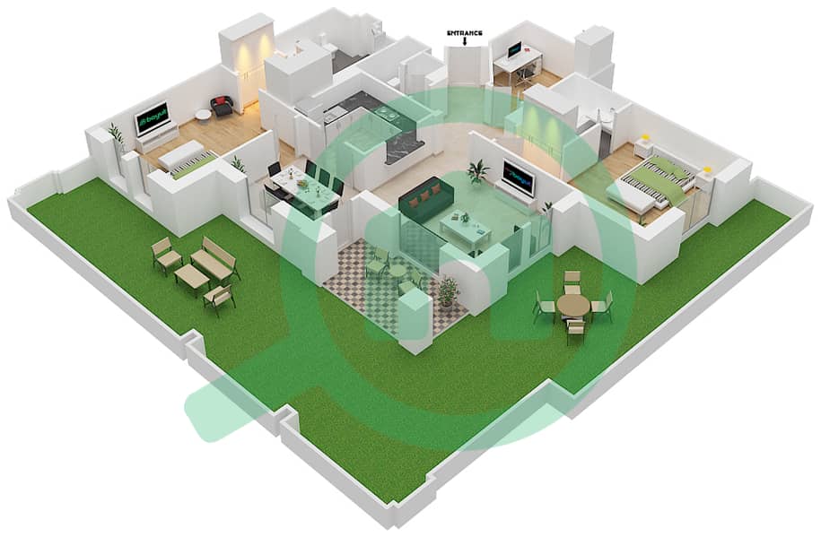 المخططات الطابقية لتصميم الوحدة 2 / GROUND FLOOR شقة 2 غرفة نوم - يانسون 2 interactive3D