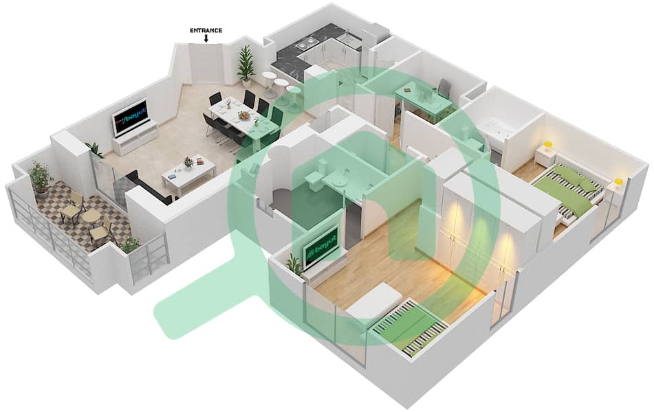 المخططات الطابقية لتصميم الوحدة 7 / FLOOR 1-5 شقة 2 غرفة نوم - يانسون 2 Ground Floor interactive3D