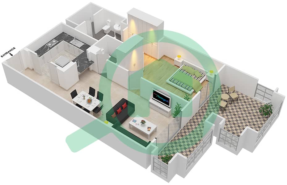 燕舒4号楼 - 1 卧室公寓单位1 FLOOR 1-3戶型图 Floor 1-3 interactive3D
