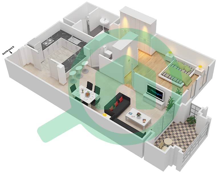 المخططات الطابقية لتصميم الوحدة 1 FLOOR 4 شقة 1 غرفة نوم - يانسون 4 Floor 4 interactive3D