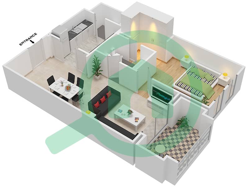 燕舒4号楼 - 1 卧室公寓单位2 FLOOR 1-3戶型图 Floor 1-3 interactive3D