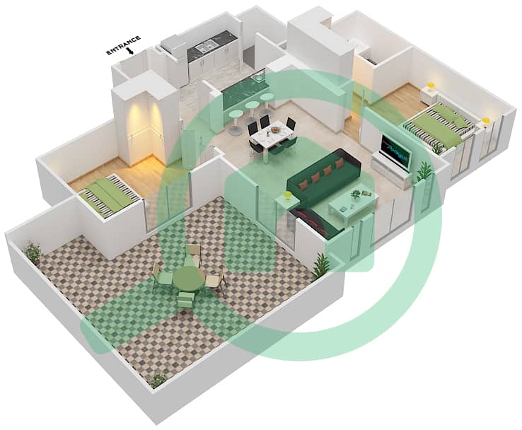 المخططات الطابقية لتصميم الوحدة 3 FLOOR 4 شقة 2 غرفة نوم - يانسون 4 Floor 4 interactive3D