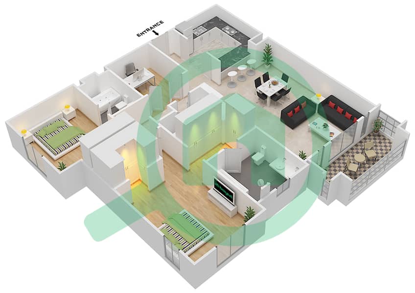 燕舒4号楼 - 2 卧室公寓单位4 FLOOR 1-3戶型图 Floor 1-3 interactive3D