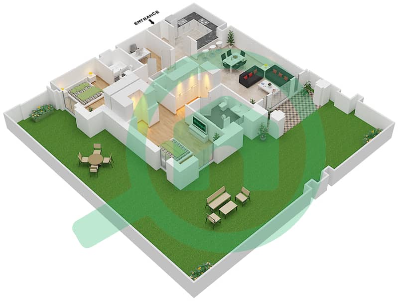 المخططات الطابقية لتصميم الوحدة 4 GROUND FLOOR شقة 2 غرفة نوم - يانسون 4 Ground Floor interactive3D