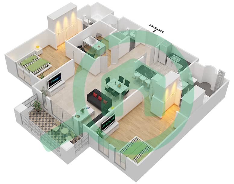 燕舒4号楼 - 2 卧室公寓单位5 FLOOR 1-3戶型图 Floor 1-3 interactive3D