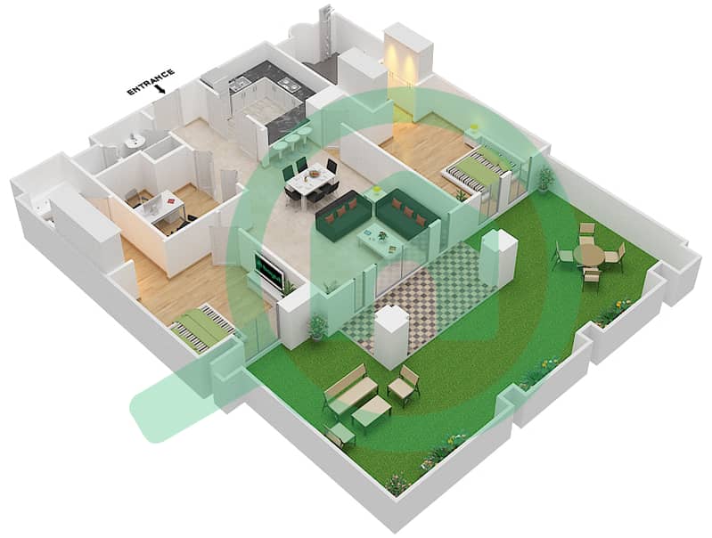 المخططات الطابقية لتصميم الوحدة 5 GROUND FLOOR شقة 2 غرفة نوم - يانسون 4 Ground Floor interactive3D