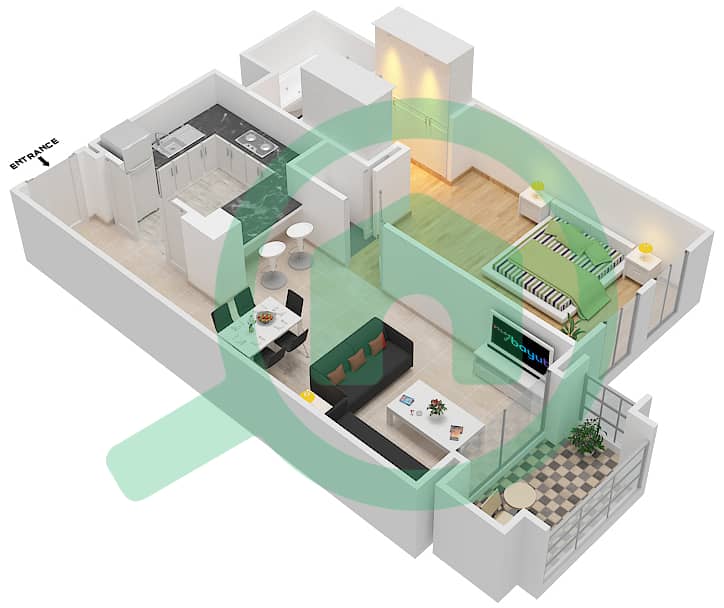 燕舒4号楼 - 1 卧室公寓单位8 FLOOR 1-3戶型图 Floor 1-3 interactive3D