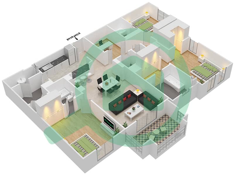 燕舒4号楼 - 3 卧室公寓单位11 FLOOR 1-3戶型图 Floor 1-3 interactive3D