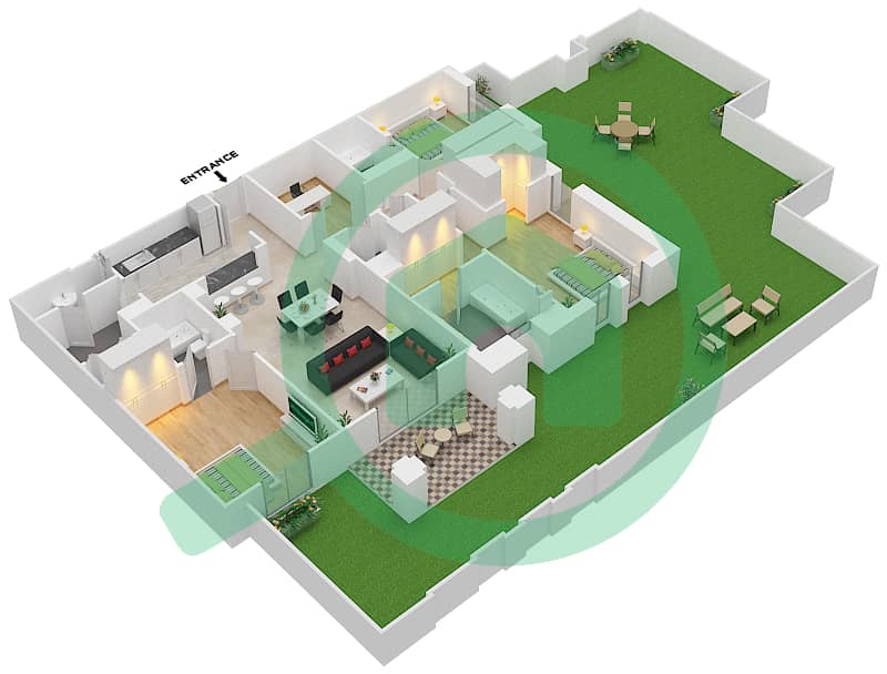 燕舒4号楼 - 3 卧室公寓单位11 GROUND FLOOR戶型图 Ground Floor interactive3D