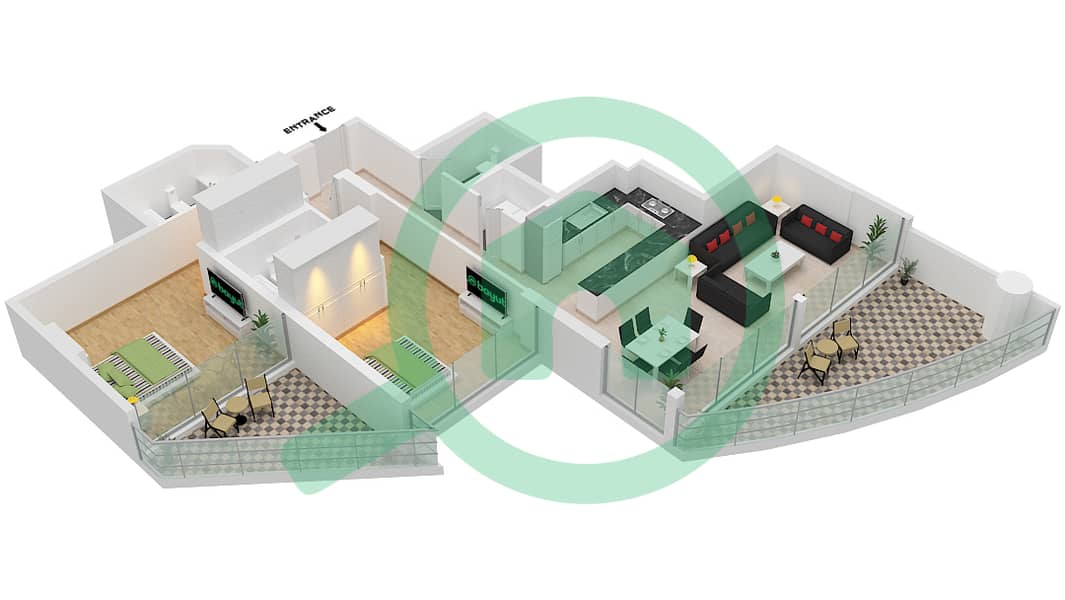 المخططات الطابقية لتصميم الوحدة 04 FLOOR 1,3-5 شقة 2 غرفة نوم - عزيزي مينا Floor 1,3-5 interactive3D