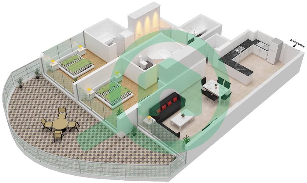 المخططات الطابقية لتصميم الوحدة 5 FLOOR 2 شقة 2 غرفة نوم - عزيزي مينا Floor 2 interactive3D