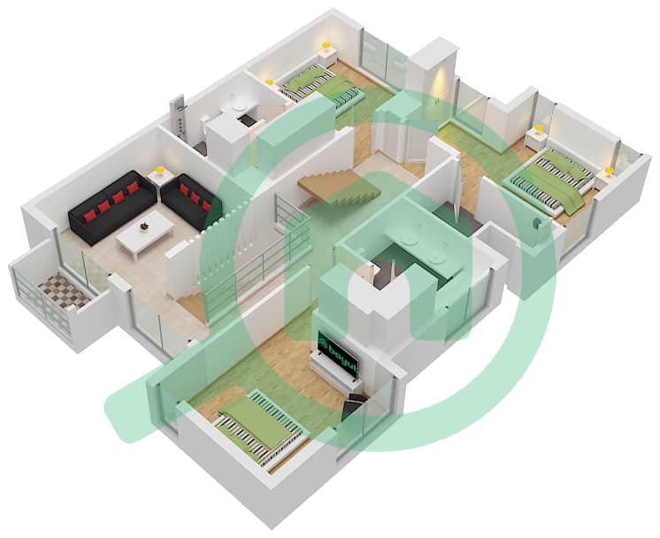 المخططات الطابقية لتصميم النموذج SEMI DETACHED VILLA-1 فیلا 4 غرف نوم - يونيو 2 First Floor interactive3D