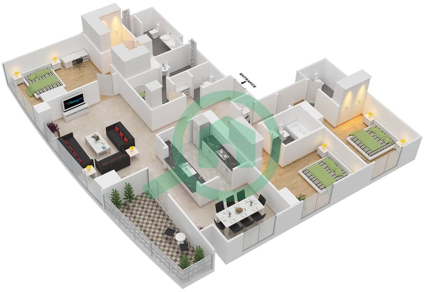 المخططات الطابقية لتصميم التصميم 2 FLOOR 2-36 شقة 3 غرف نوم - ذا ريزيدينس 1 Floor 2-36 interactive3D