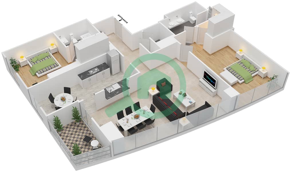 المخططات الطابقية لتصميم التصميم 3 FLOOR 3-36 شقة 2 غرفة نوم - ذا ريزيدينس 1 Floor 3-36 interactive3D