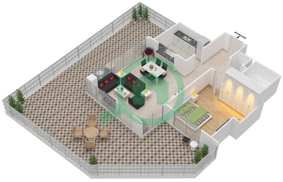 المخططات الطابقية لتصميم التصميم 4 FLOOR 2 شقة 1 غرفة نوم - ذا ريزيدينس 1 Floor 2 interactive3D