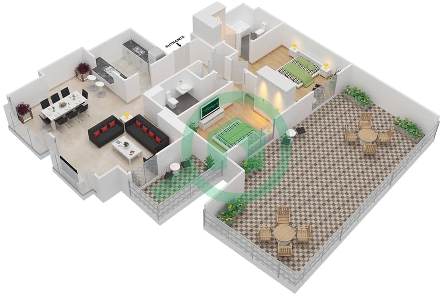 壹号公寓大楼 - 2 卧室公寓套房1 FLOOR 2戶型图 Floor 2 interactive3D