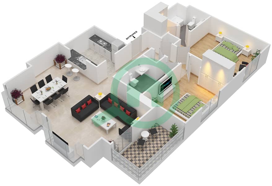 壹号公寓大楼 - 2 卧室公寓套房1 FLOOR 3-36戶型图 Floor 3-36 interactive3D