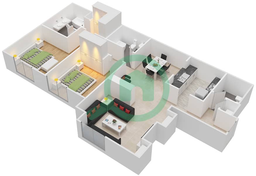 Тхе Резиденс 8 - Апартамент 2 Cпальни планировка Гарнитур, анфилиада комнат, апартаменты, подходящий 1 FLOOR-1 Floor-1 interactive3D
