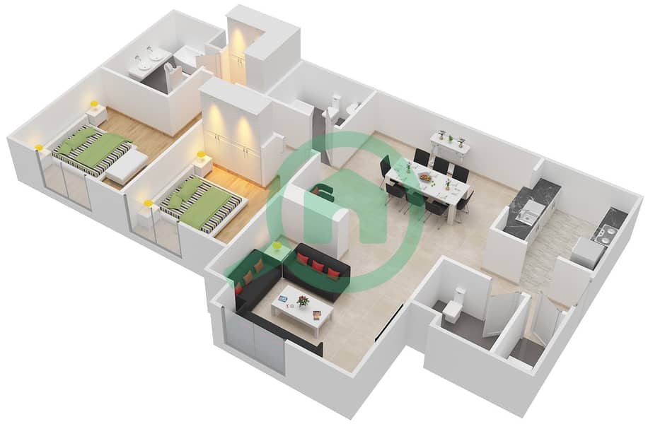 八号公寓大楼 - 2 卧室公寓套房1 FLOOR-2戶型图 Floor-2 interactive3D