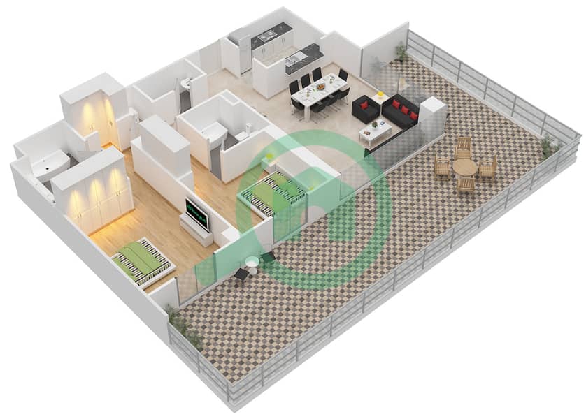 Тхе Резиденс 8 - Апартамент 2 Cпальни планировка Гарнитур, анфилиада комнат, апартаменты, подходящий 2 FLOOR-3 Floor-3 interactive3D