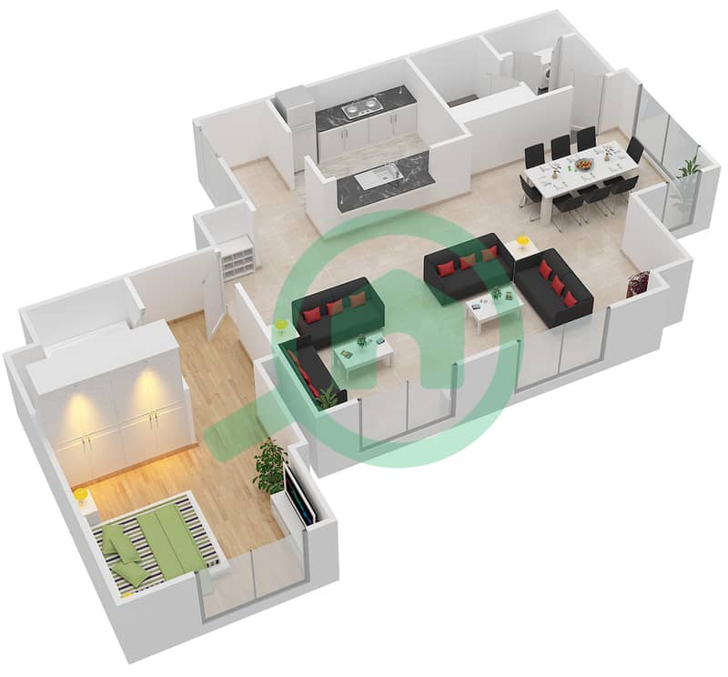 八号公寓大楼 - 1 卧室公寓套房2 FLOOR-1戶型图 Floor-1 interactive3D