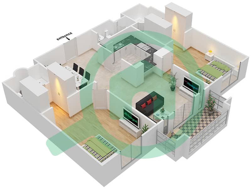 扎法兰2号楼 - 2 卧室公寓单位2/FLOOR 1-2戶型图 Floor 1-2 interactive3D