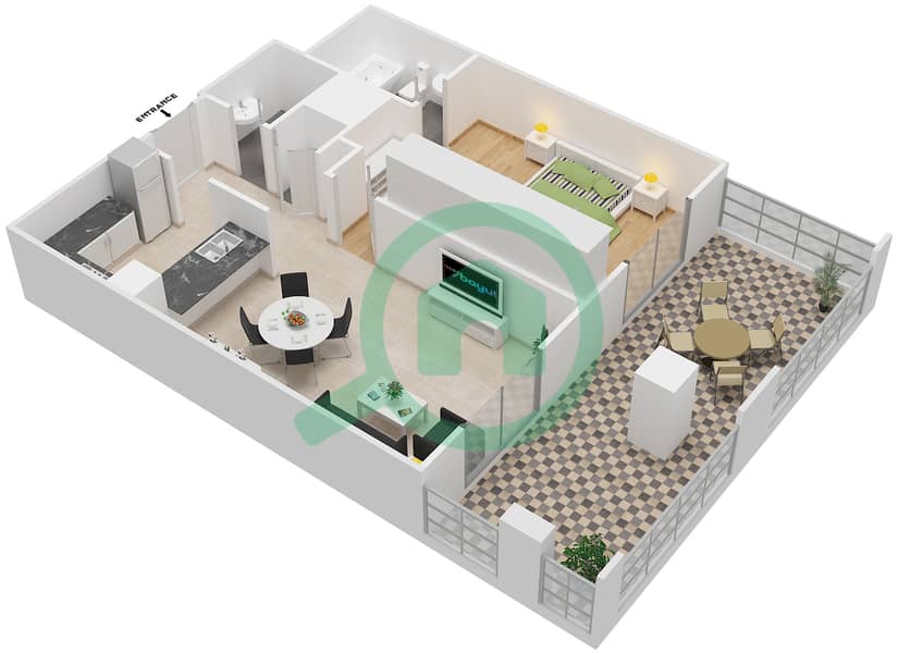 المخططات الطابقية لتصميم التصميم 9 GROUND FLOOR شقة 1 غرفة نوم - برج ترافو A Ground Floor interactive3D