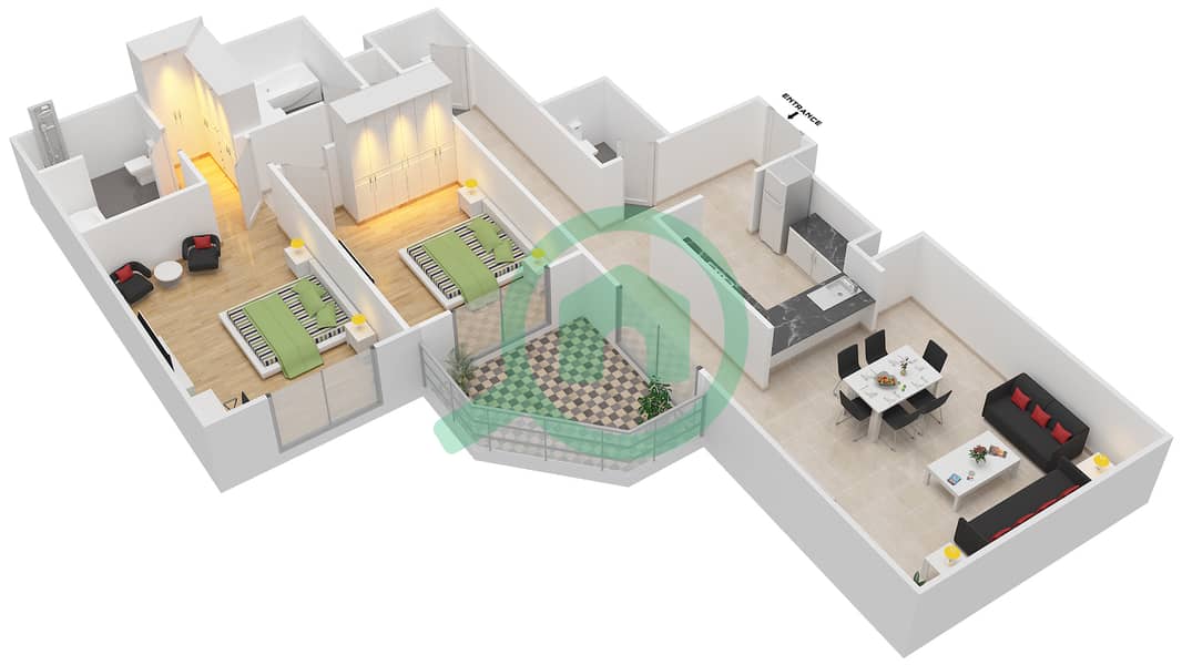 المخططات الطابقية لتصميم التصميم 15 FLOORS 1-6 شقة 2 غرفة نوم - برج ترافو A Floors 1-6 interactive3D