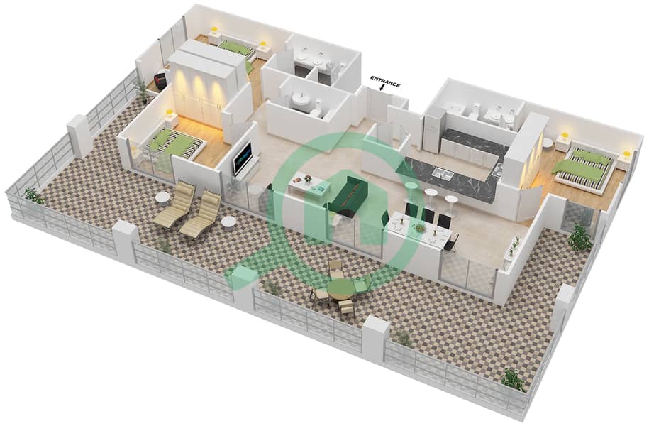 المخططات الطابقية لتصميم التصميم 1A FLOORS 2 & 4 شقة 3 غرف نوم - برج ترافو A Floor 2,4 interactive3D