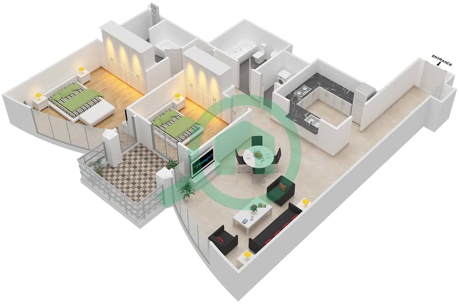 المخططات الطابقية لتصميم التصميم 1B شقة 2 غرفة نوم - برج ترافو A interactive3D