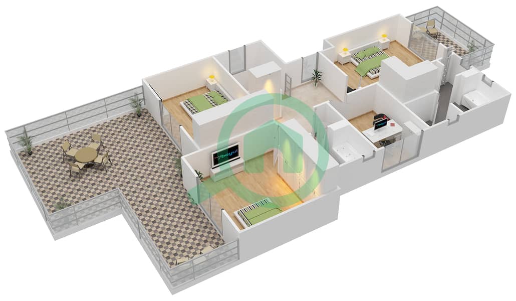 المخططات الطابقية لتصميم النموذج 5 فیلا 3 غرف نوم - معين 3 First Floor interactive3D