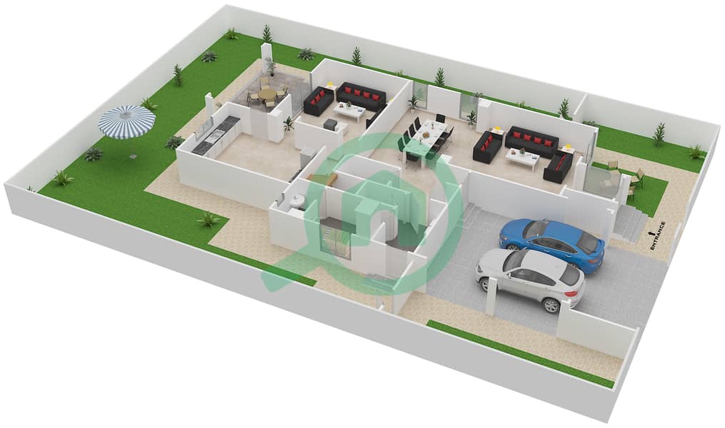 المخططات الطابقية لتصميم النموذج 14 فیلا 4 غرف نوم - معين 3 Ground Floor interactive3D