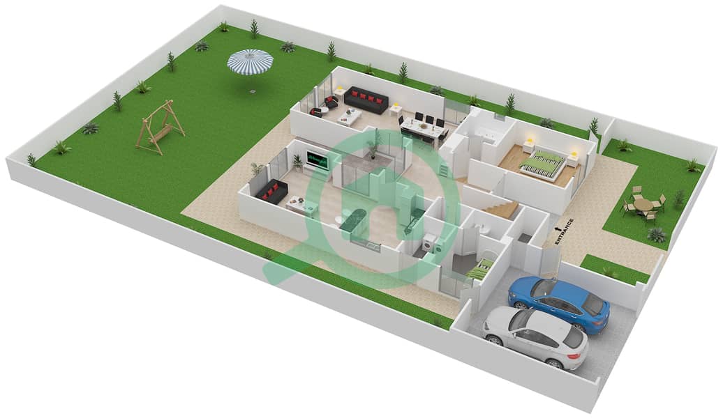 المخططات الطابقية لتصميم النموذج 17 فیلا 4 غرف نوم - معين 3 Ground Floor interactive3D
