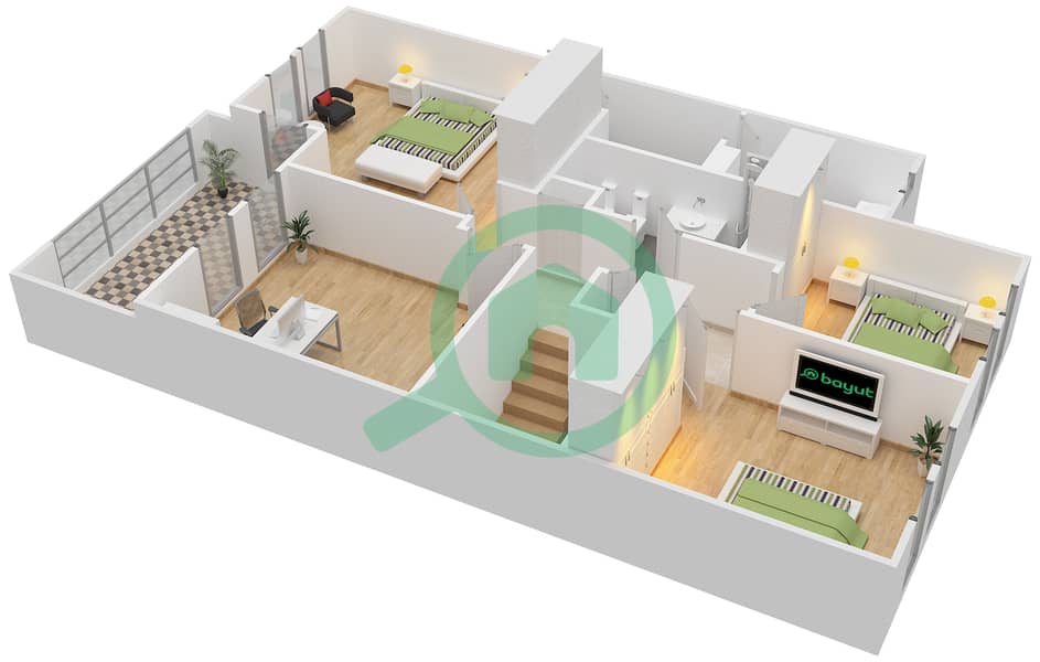 Маин 3 - Вилла 3 Cпальни планировка Тип F MIDDLE UNIT First Floor interactive3D