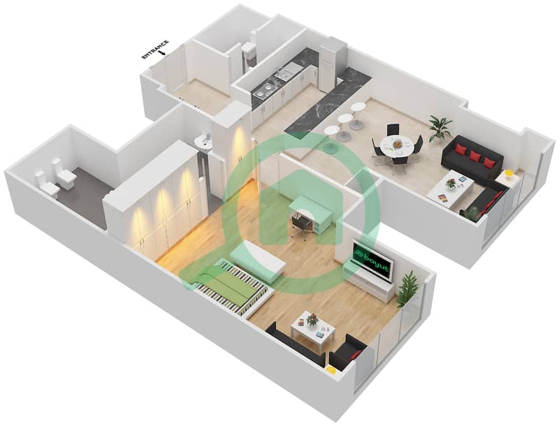 المخططات الطابقية لتصميم الوحدة 3203 شقة 1 غرفة نوم - برج إندكس‬ Floor 32 interactive3D
