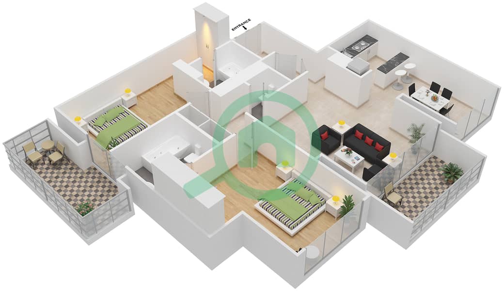 المخططات الطابقية لتصميم الوحدة 3308 شقة 2 غرفة نوم - برج إندكس‬ Floor 33 interactive3D