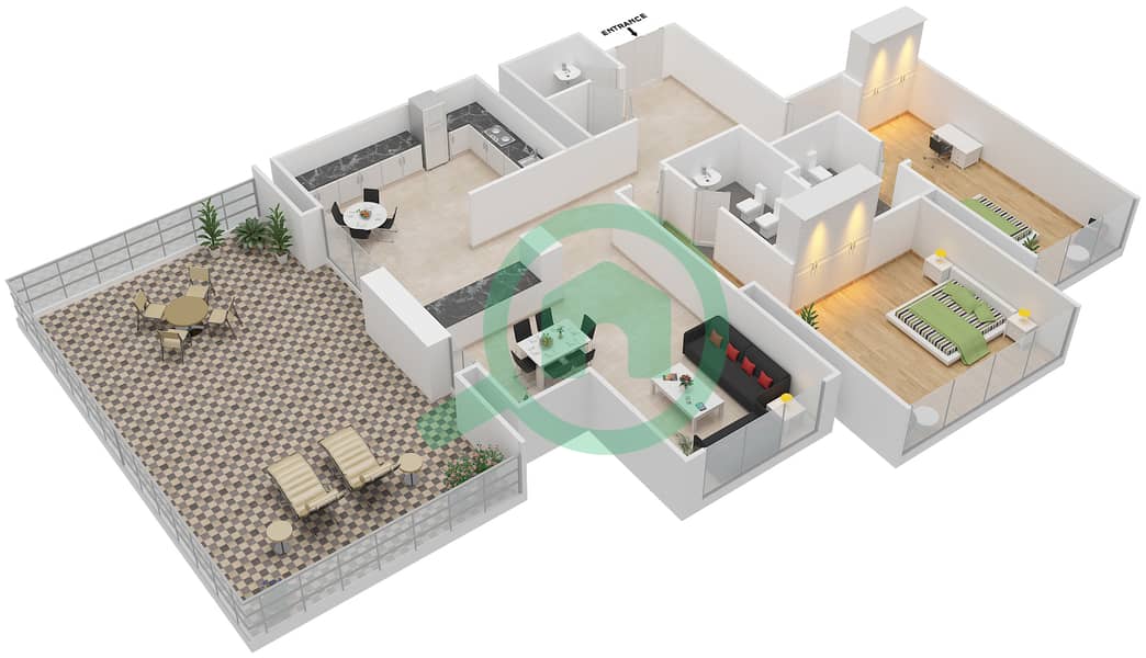 المخططات الطابقية لتصميم الوحدة 3608 شقة 2 غرفة نوم - برج إندكس‬ Floor 36 interactive3D