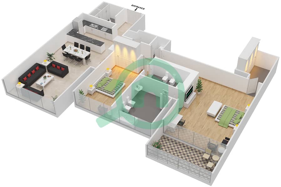 المخططات الطابقية لتصميم الوحدة 5403 شقة 2 غرفة نوم - برج إندكس‬ Floor 54 interactive3D