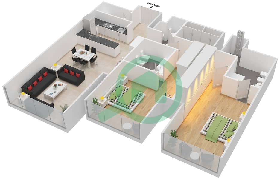 المخططات الطابقية لتصميم الوحدة 5404 شقة 2 غرفة نوم - برج إندكس‬ Floor 54 interactive3D