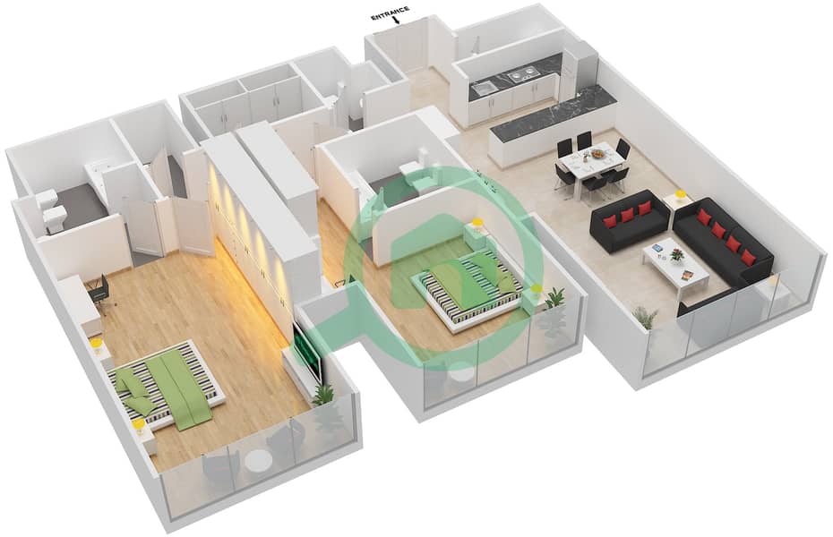 المخططات الطابقية لتصميم الوحدة 5407 شقة 2 غرفة نوم - برج إندكس‬ Floor 54 interactive3D