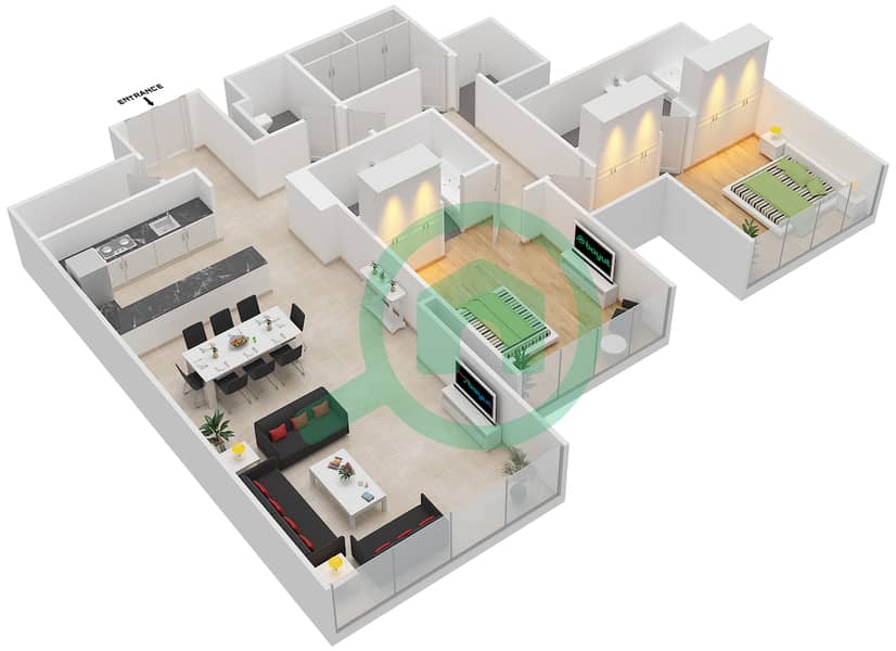 المخططات الطابقية لتصميم الوحدة 5409 شقة 2 غرفة نوم - برج إندكس‬ Floor 54 interactive3D
