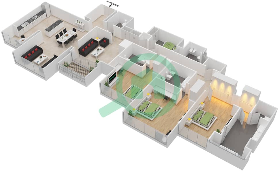 المخططات الطابقية لتصميم الوحدة 6602 شقة 3 غرف نوم - برج إندكس‬ Floor 66 interactive3D