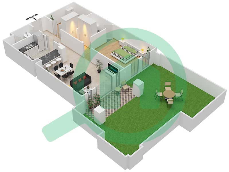 المخططات الطابقية لتصميم الوحدة 8\GROUND FLOOR شقة 1 غرفة نوم - زعفران 2 Ground Floor interactive3D