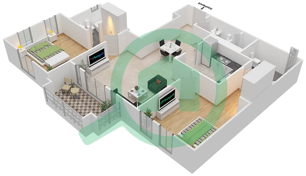 المخططات الطابقية لتصميم الوحدة 10\FLOOR 1-3 شقة 2 غرفة نوم - زعفران 2 Floor 1-3 interactive3D
