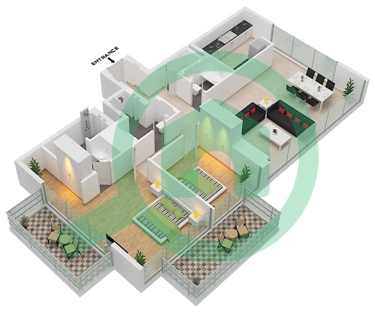 المخططات الطابقية لتصميم النموذج A شقة 2 غرفة نوم - بوليفارد هايتس برج 1 interactive3D