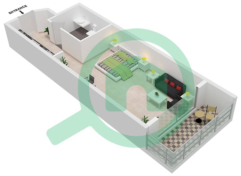 湖景小区B座 - 单身公寓类型A102戶型图 Floor 1 interactive3D