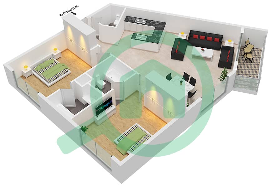 Лаго Виста Би - Апартамент 2 Cпальни планировка Тип A108 Floor 1 interactive3D